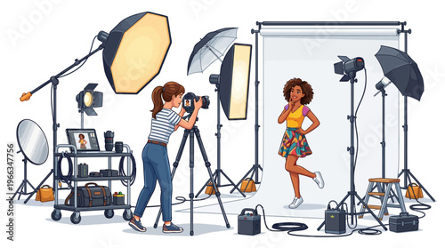 Professional Photography Studio Scene with Female Photographer Capturing a Model on White Backdrop Using High-End Lighting Equipment and Digital Camera Gear.