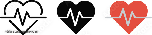 Collection of three distinct heart and pulse line icons representing cardiac rhythm monitoring and health.