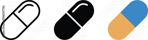 Three distinct medical capsule icons, showcasing outline, solid fill, and vibrant two-tone flat design styles.