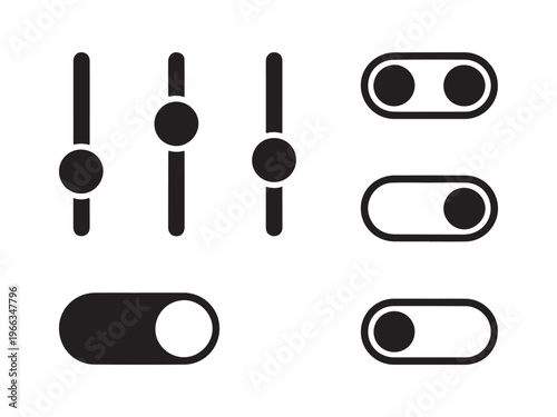 Black sliders and toggle switches on white background control interface