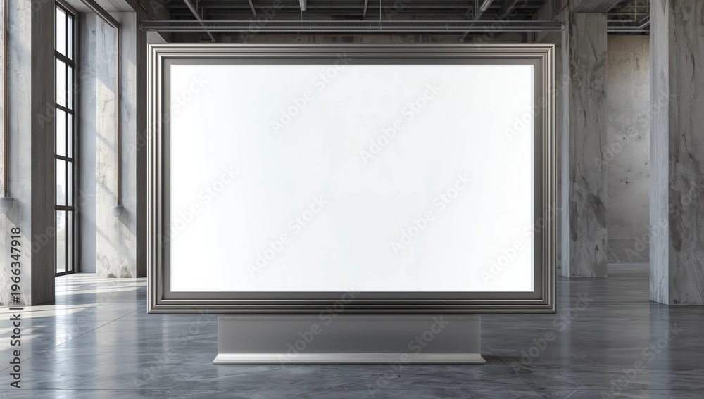Fototapeta premium Side view of empty white ad stand. Concrete stairs and building in the background. Advertisement concept. Mock up, 3D Rendering