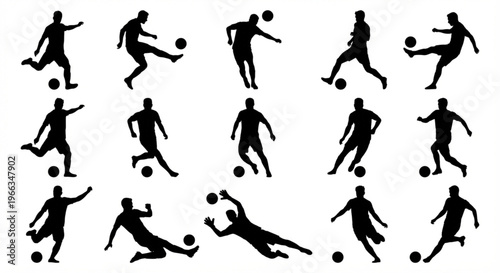 Energetic vector set showcasing diverse male football player silhouettes engaged in active poses with a ball, ideal for sports graphics and team-related content