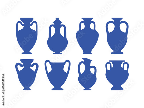 Collection of eight blue ancient greek amphorae and vases ancient greek pottery