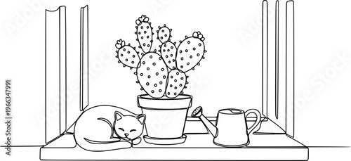 Continuous one Line Drawing of Vector Cute Cactus. Black and White Sketch House Plants with a cat and a watering can on the window sill.
