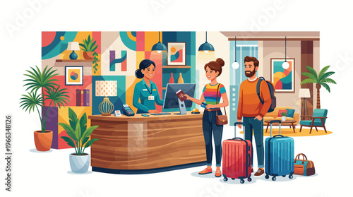 Modern Hotel Reception Illustration with Friendly Staff Checking in a Young Couple with Suitcases in a Colorful Boutique Lobby Interior with Abstract Art Decor