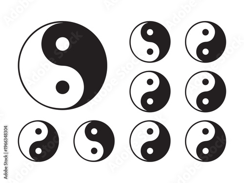Multiple black and white yin yang symbols arranged on a white background taijitu