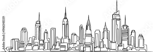 Modern cityscape continuous one line vector drawing. Metropolis architecture panoramic landscape. New York skyscrapers hand drawn silhouette. Apartment buildings isolated minimalistic illustration