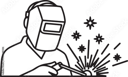 Welder using mask and welding torch with bright sparks and flashes line art illustration.
