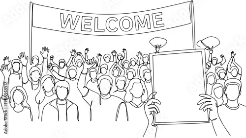 A crowd of people waves and cheers, a fan meeting drawn minimally in one continuous line. Human hands with a poster, a welcome banner vector illustration. People at a music concert