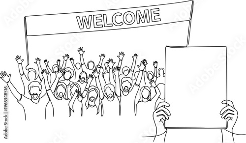 A crowd of people waves and cheers, a fan meeting drawn minimally in one continuous line. Human hands with a poster, a welcome banner vector illustration. People at a music concert
