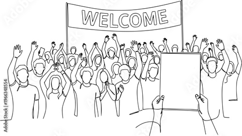 A crowd of people waves and cheers, a fan meeting drawn minimally in one continuous line. Human hands with a poster, a welcome banner vector illustration. People at a music concert