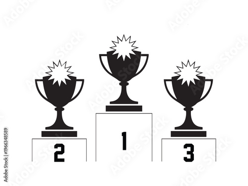 Three black trophy cups on a white podium with numbers 1 2 3 winner first place second place
