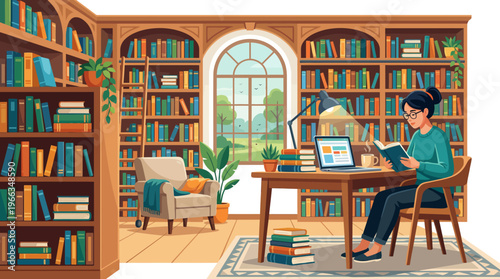 Young woman reading a book in a cozy home library with floor to ceiling bookshelves, a wooden desk with a laptop, and a scenic window view of a lush green park.