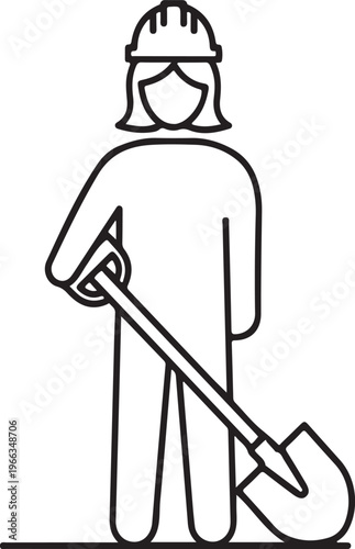 Full body female construction worker holding shovel wearing safety helmet minimalist icon.