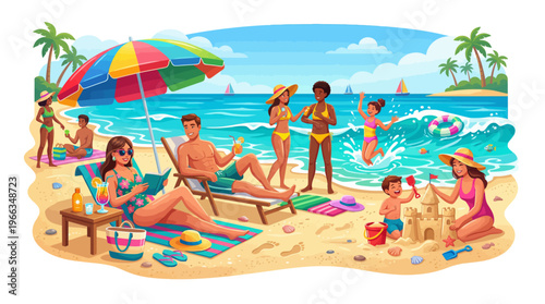 Vibrant cartoon illustration of a diverse group of people enjoying a sunny summer day at a tropical beach with sandcastles, swimming, and relaxing activities.