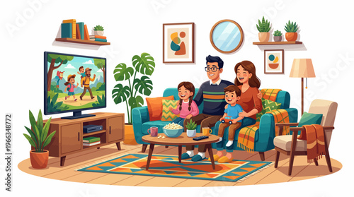 Happy family of four enjoying a cozy movie night at home sitting on a blue sofa in a modern living room with plants, popcorn, and a flat screen television.
