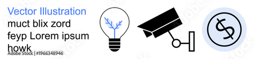 Technology, security systems, innovation, energy efficiency, surveillance, financial processes. are a light bulb, surveillance camera and financial symbol. Technology and security systems concept