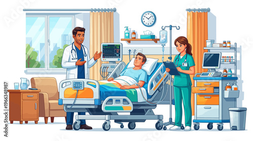 Professional healthcare scene with a doctor and nurse attending to a male patient in a modern hospital room vector illustration with medical equipment and cart.