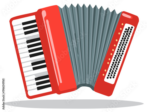 Illustration of a red accordion music instrument, with black and white keys.