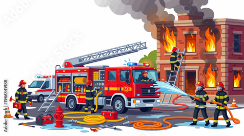 Action-packed scene of firefighters battling a burning building with a red fire truck, ladder, ambulance, and water hoses in a detailed cartoon illustration.