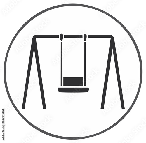 Simple black and white swing set icon in a circle representing a playground for kids playtime fun