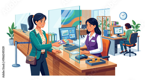 Professional bank teller assisting a female customer with a cash transaction at a modern service counter featuring glass partitions and colorful digital data.