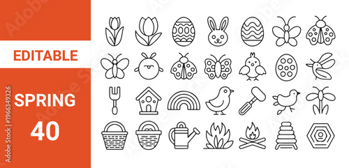 Plants icon set. flat spring icons such as food basket, planting, bird, butterfly, flowers, tulip, basket, sprout, tree, 