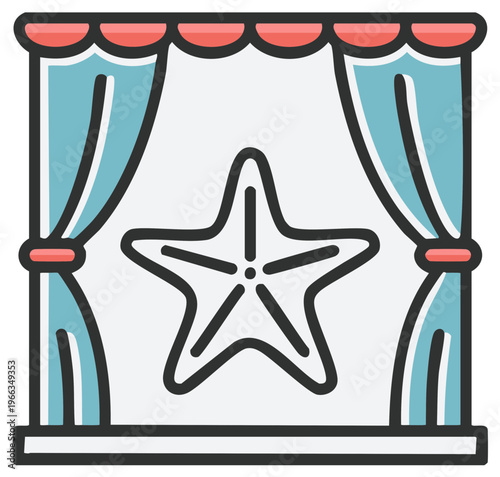 Starfish displayed on stage behind parted teal curtains under a scalloped valance
