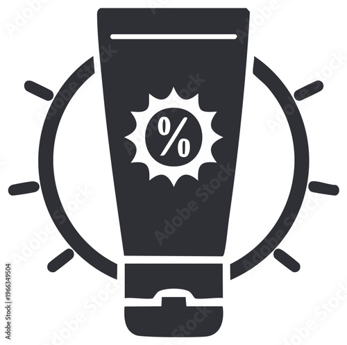 Sunscreen tube icon with sun emblem, for sun protection and discount promotion.
