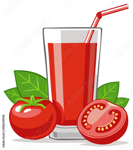 Tomato Juice Still Life with Whole and Sliced Tomatoes Plus Green Leaves
