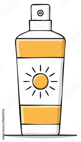 Illustration of a yellow sunscreen spray bottle with a bright sun icon for summer skin protection