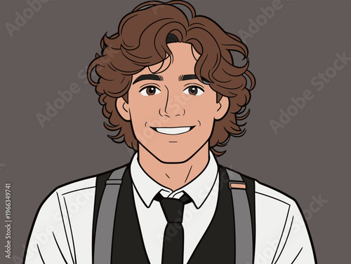 Young man with curly hair smiles in digital art style wearing a white shirt and black tie with suspenders