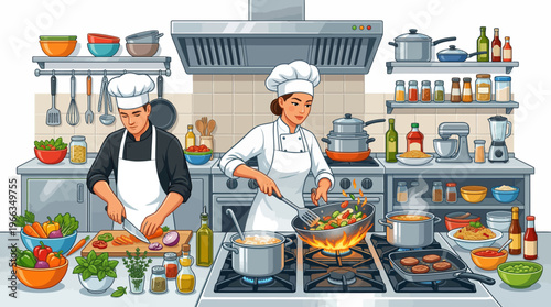 Professional Male and Female Chefs Cooking Together in a Busy Commercial Kitchen with Fresh Ingredients, Stir-Frying in a Wok and Chopping Vegetables on Counter.