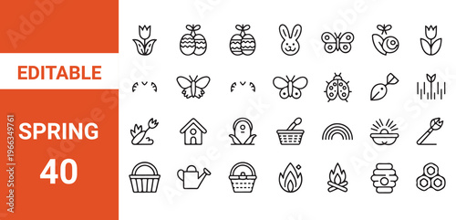 Plants icon set. flat spring icons such as food basket, planting, bird, butterfly, flowers, tulip, basket, sprout, tree, 