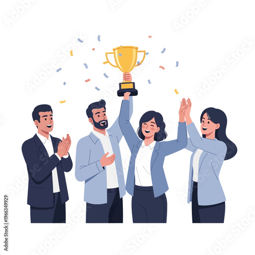 Team celebrating victory holding trophy with confetti, winning achievement, business success