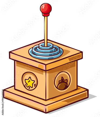 Playful cartoon vector graphic of a wooden game joystick controller with decorative star and acorn emblems
