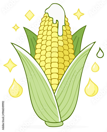 Cartoon Sweet Corn with Cream Drizzle and Glowing Elements