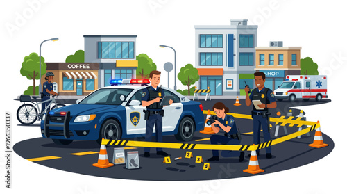 Police officers investigating a crime scene on a city street with a patrol car, ambulance, forensic photographer, and evidence markers in a flat vector style.