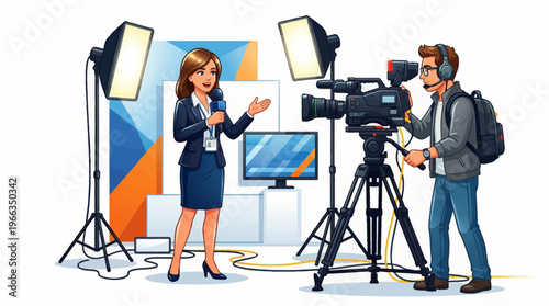 Professional female news reporter broadcasting live in a television studio with a male cameraman filming using a professional video camera and studio lighting.