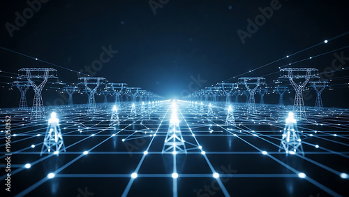Digital grid network with glowing transmission towers and illuminated power lines stretching into the distance