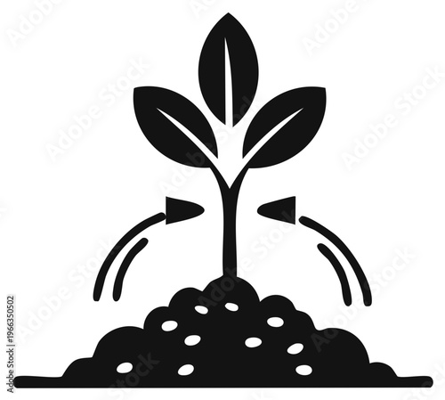Minimalist icon of an automated irrigation system watering a young growing plant sapling in soil