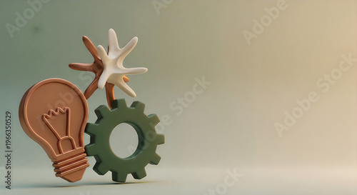 3d render of a light bulb, a gear, and a starshaped abstract object, symbolizing innovation, creativity, and business strategy