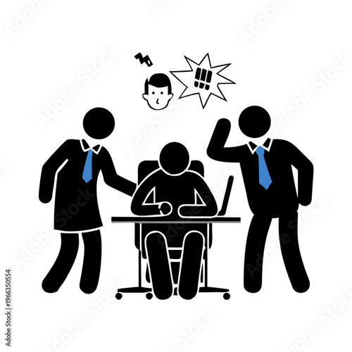 Frustrated office worker being yelled at by coworkers in a stressful workplace environment during a group meeting.