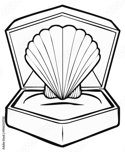 Black and white outline drawing of a scallop shell presented in an open elegant jewelry gift box
