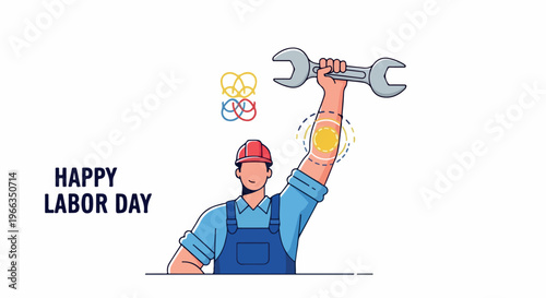 Illustration of a worker celebrating Labor Day with a wrench and Olympic rings, wearing blue overalls and a red cap on a white background.