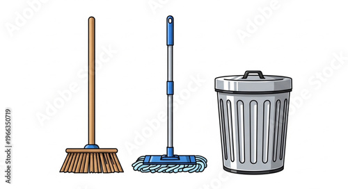 Cleaning Tools - Broom, Mop, and Trash Can Illustration.