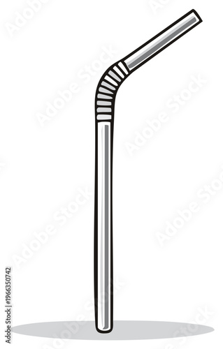 Illustration of a silver bendable drinking straw with a ribbed joint against a white background