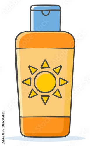 Cartoon orange sunscreen bottle with yellow sun illustration for summer skin protection