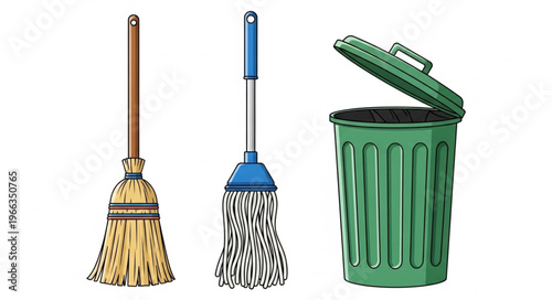 Cleaning Tools - Broom, Mop, and Trash Can Illustration.