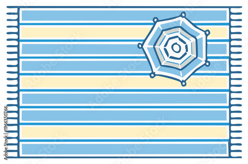 Vibrant striped beach blanket with a beach umbrella illustration ready for summer vacation relaxation